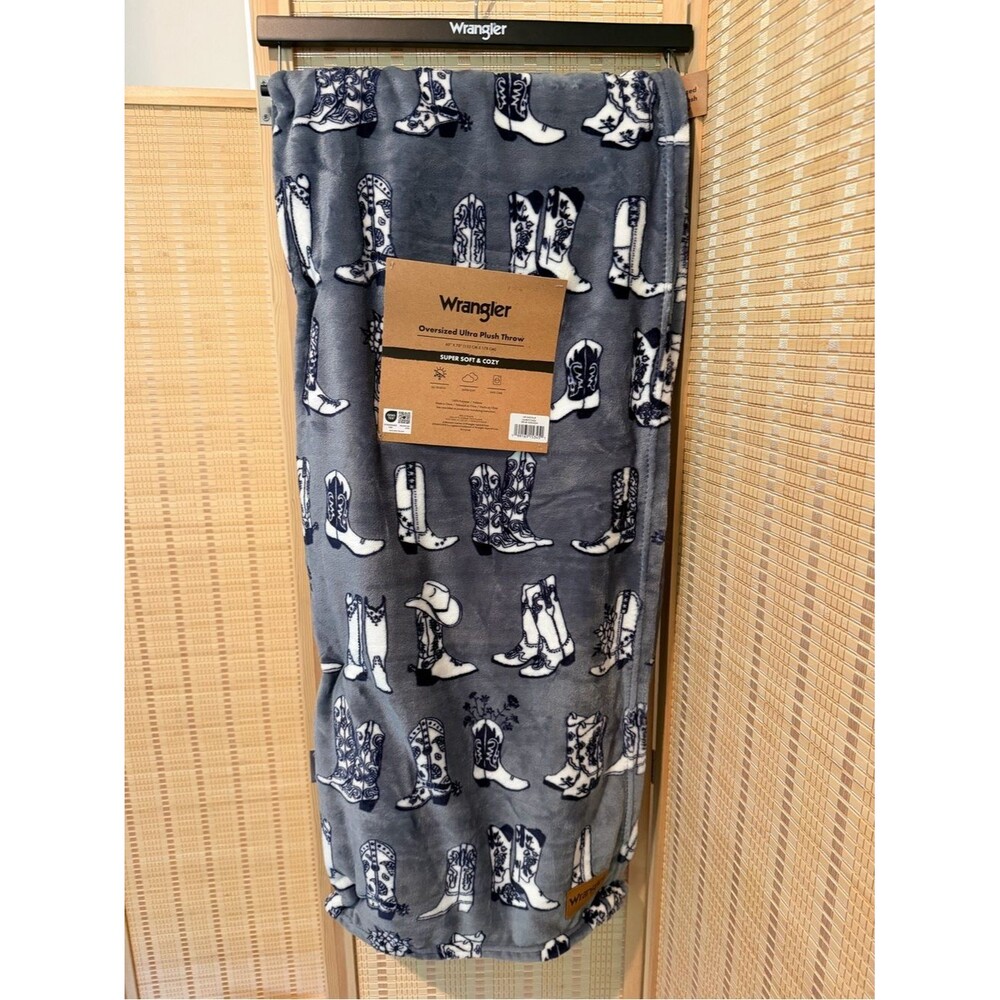 Wrangler Slate Blue & White Cowboy Boot Plush Throw